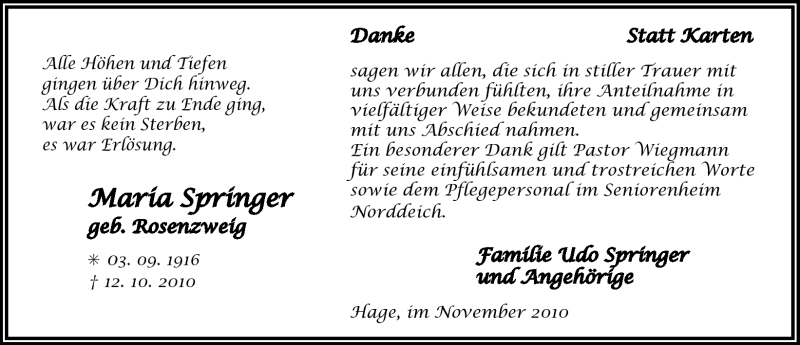  Traueranzeige für Maria Springer vom 06.11.2010 aus Ostfriesischer Kurier