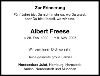 Traueranzeige von Albert Freese von Ostfriesischer Kurier