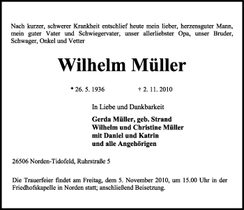 Traueranzeige von Wilhelm Müller von Ostfriesischer Kurier
