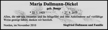 Traueranzeige von Maria Dallmann-Dickel von Ostfriesischer Kurier