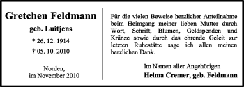Traueranzeige von Gretchen Feldmann von Ostfriesischer Kurier
