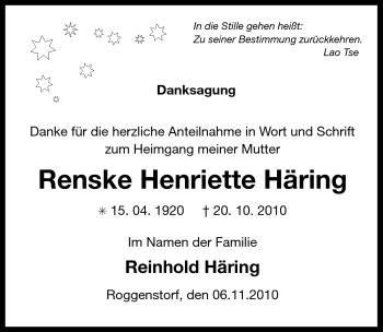 Traueranzeige von Renske Henriette Häring von Ostfriesischer Kurier