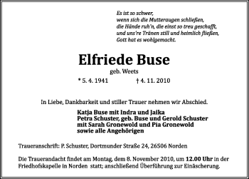 Traueranzeige von Elfriede Buse von Ostfriesischer Kurier
