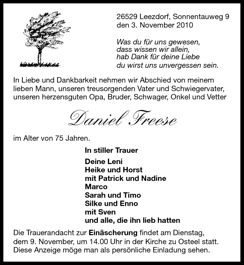  Traueranzeige für Daniel Freese vom 05.11.2010 aus Ostfriesischer Kurier