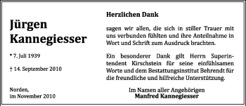 Traueranzeige von Jürgen Kannegiesser von Ostfriesischer Kurier