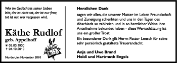 Traueranzeige von Katharine (Käthe) Rudlof von Ostfriesischer Kurier
