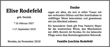 Traueranzeige von Elise Rodefeld von Ostfriesischer Kurier