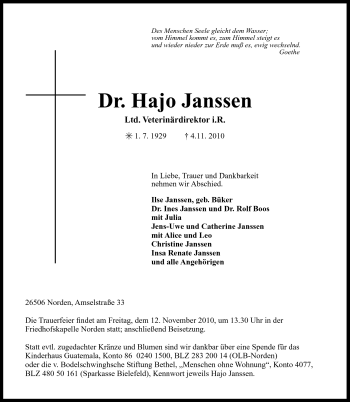 Traueranzeige von Dr. Hajo Janssen von Ostfriesischer Kurier