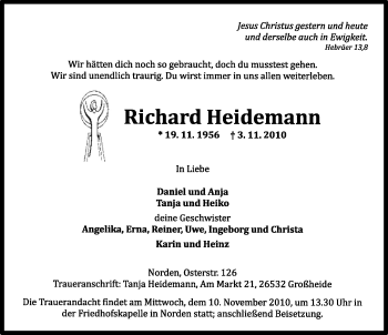Traueranzeige von Richard Heidemann von Ostfriesischer Kurier
