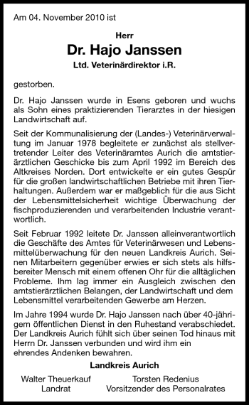 Traueranzeige von Dr. Hajo Janssen von Ostfriesischer Kurier