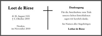 Traueranzeige von Loet de Riese von Ostfriesischer Kurier