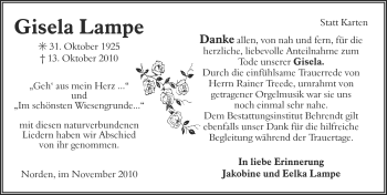 Traueranzeige von Gisela Lampe von Ostfriesischer Kurier