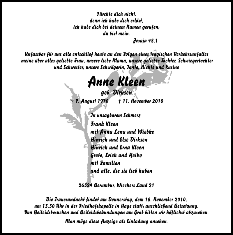  Traueranzeige für Anne Kleen vom 16.11.2010 aus Ostfriesischer Kurier