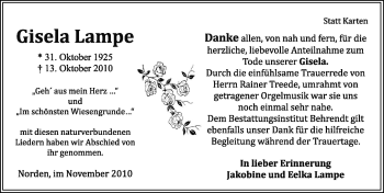 Traueranzeige von Gisela Lampe von Ostfriesischer Kurier