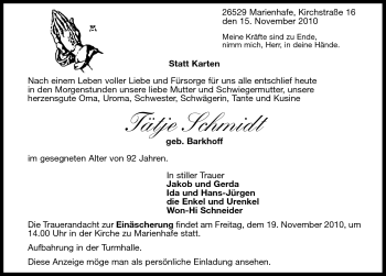 Traueranzeige von Tätje Schmidt von Ostfriesischer Kurier