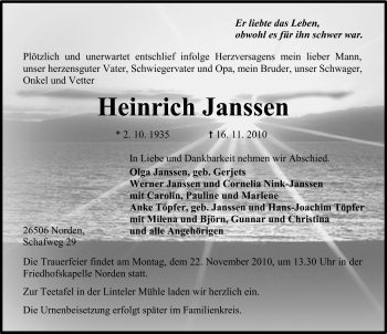 Traueranzeige von Heinrich Janssen von Ostfriesischer Kurier