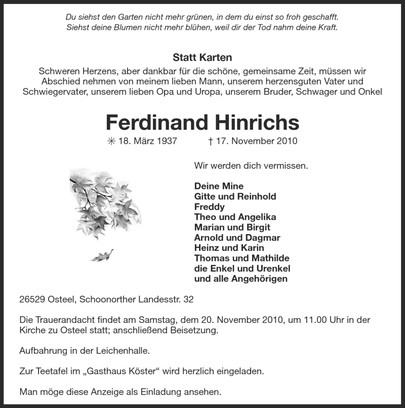  Traueranzeige für Ferdinand Hinrichs vom 18.11.2010 aus Ostfriesischer Kurier