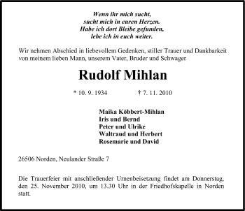 Traueranzeige von Rudolf Mihlan von Ostfriesischer Kurier