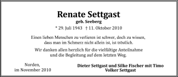 Traueranzeige von Renate Settgast von Ostfriesischer Kurier