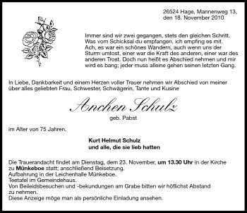 Traueranzeige von Anchen Schulz von Ostfriesischer Kurier