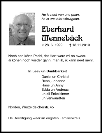 Traueranzeige von Eberhard Mennebäck von Ostfriesischer Kurier