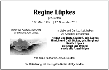Traueranzeige von Regine Lüpkes von Ostfriesischer Kurier