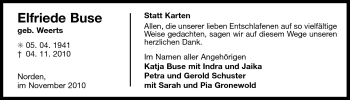 Traueranzeige von Elfriede Busse von Ostfriesischer Kurier