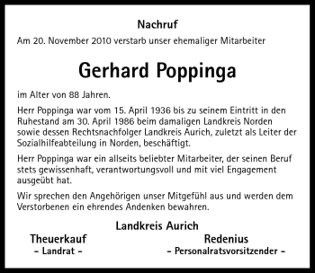 Traueranzeige von Gerhard Poppinga von Ostfriesischer Kurier