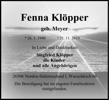 Traueranzeige von Fenna Klöpper von Ostfriesischer Kurier