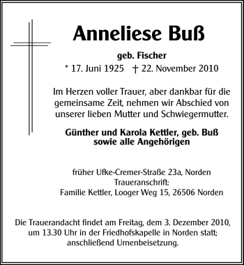 Traueranzeige von Anneliese Buß von Ostfriesischer Kurier
