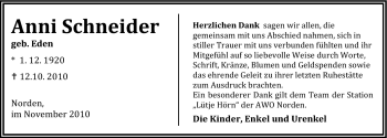 Traueranzeige von Anni Schneider von Ostfriesischer Kurier