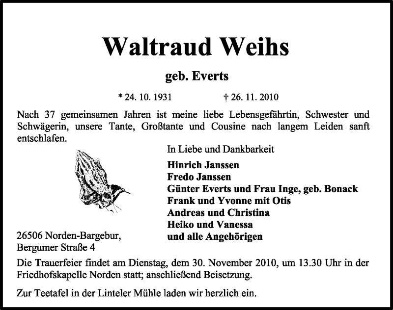  Traueranzeige für Waltraud Weihs vom 27.11.2010 aus Ostfriesischer Kurier