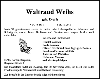 Traueranzeige von Waltraud Weihs von Ostfriesischer Kurier