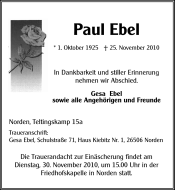 Traueranzeige von Paul Ebel von Ostfriesischer Kurier