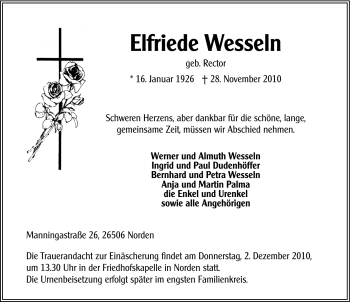 Traueranzeige von Elfriede Wesseln von Ostfriesischer Kurier