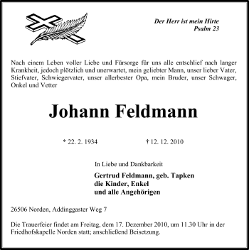 Traueranzeige von Johann Feldmann von Ostfriesischer Kurier