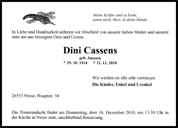 Traueranzeige von Dini Cassens von Ostfriesischer Kurier