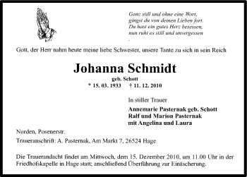 Traueranzeige von Johanna Schmidt von Ostfriesischer Kurier