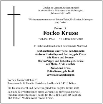 Traueranzeige von Focko Kruse von Ostfriesischer Kurier
