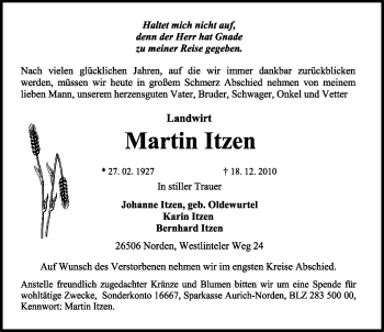 Traueranzeige von Martin Itzen von Ostfriesischer Kurier