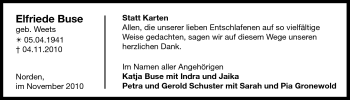 Traueranzeige von Elfriede Buse von Ostfriesischer Kurier