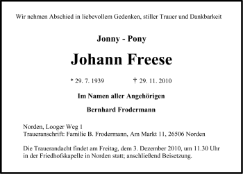 Traueranzeige von Johann Freese von Ostfriesischer Kurier