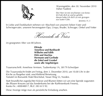 Traueranzeige von Heinrich de Vries von Ostfriesischer Kurier