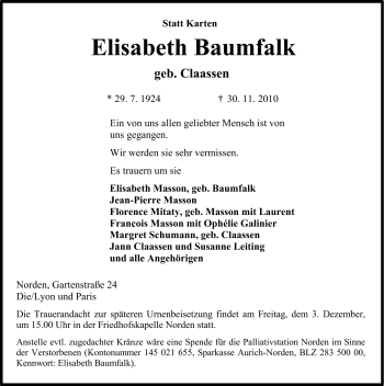 Traueranzeige von Elisabeth Baumfalk von Ostfriesischer Kurier
