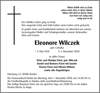 Traueranzeige von Eleonore Wilczek von Ostfriesischer Kurier