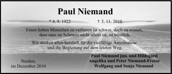 Traueranzeige von Paul Niemand von Ostfriesischer Kurier