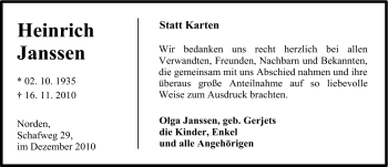 Traueranzeige von Heinrich Janssen von Ostfriesischer Kurier