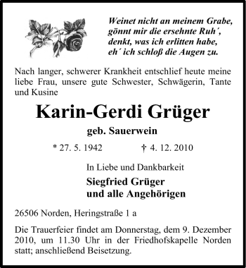 Traueranzeige von Karin-Gerdi Grüger von Ostfriesischer Kurier