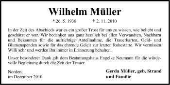 Traueranzeige von Wilhelm Müller von Ostfriesischer Kurier