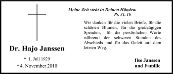 Traueranzeige von Dr. Hajo Janssen von Ostfriesischer Kurier